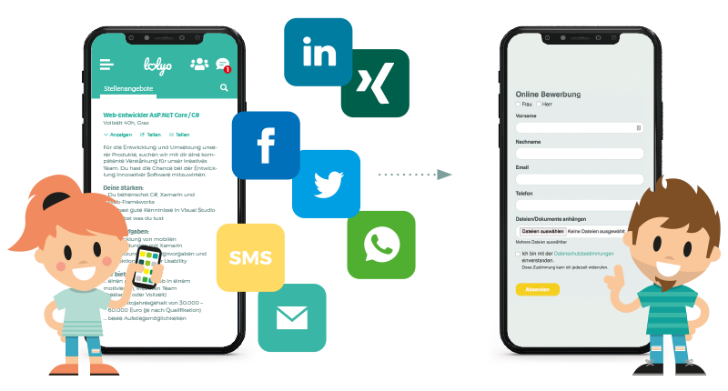 Mobile social intranet in the industry with integrated employee recruitment program, smartphone screens